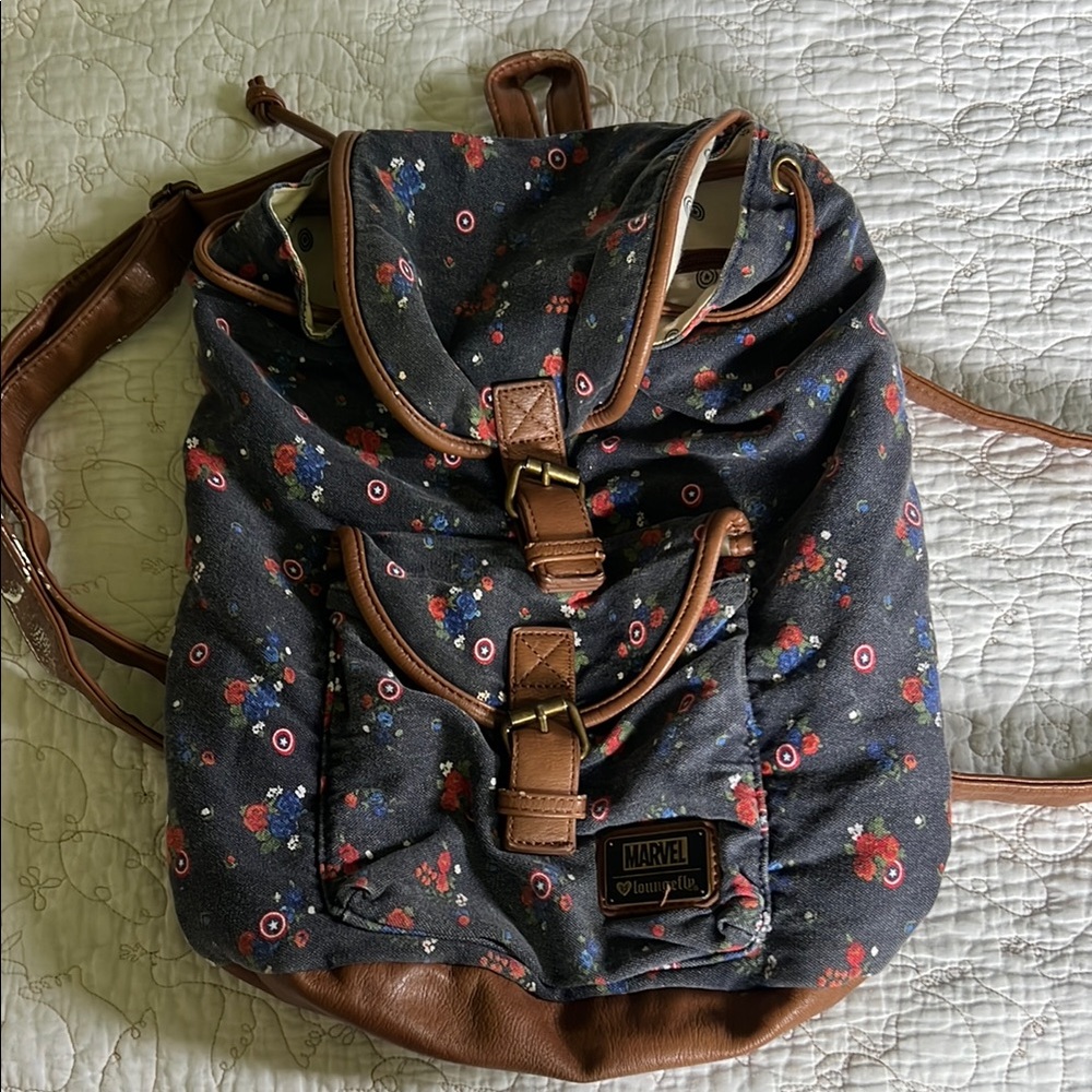 Loungefly Marvel Navy Floral Backpack with Brown Accents